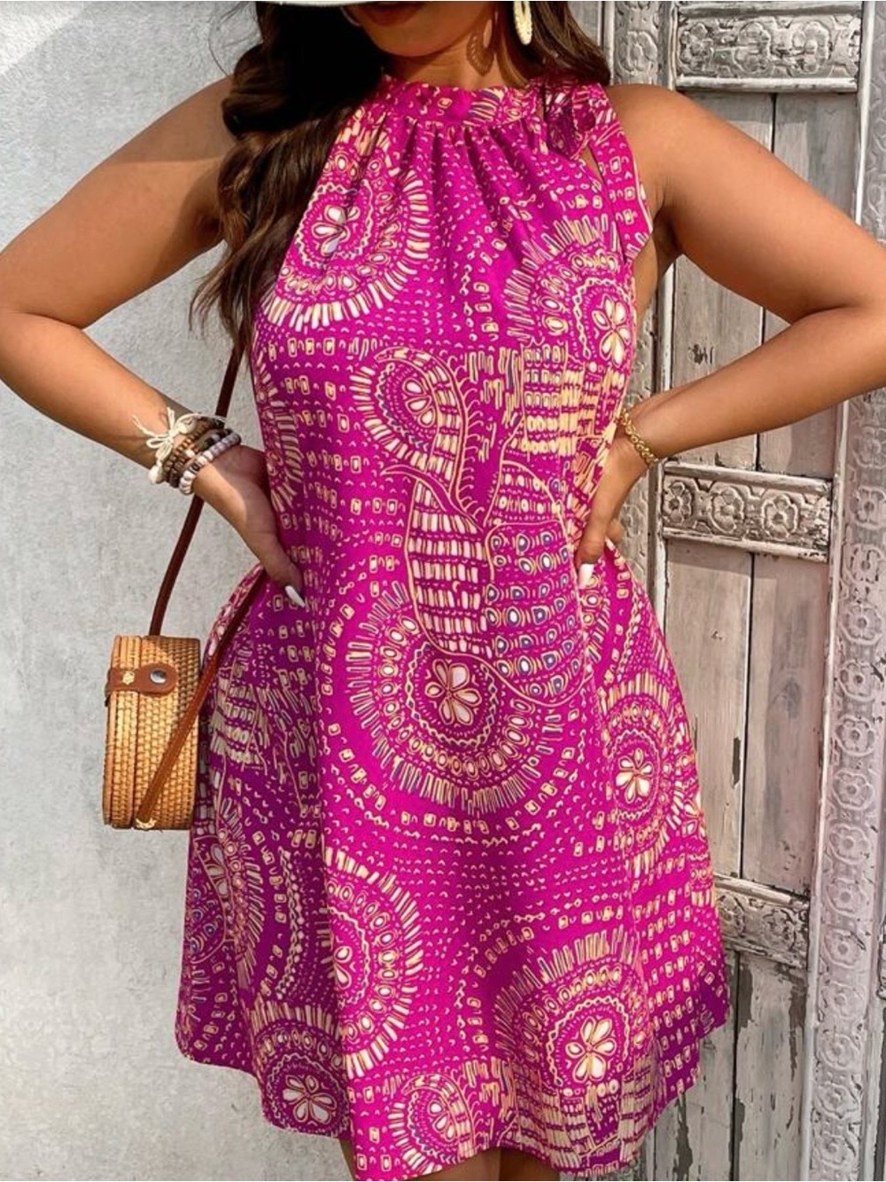 SHEIN Hot Pink Paisley Halter Neck Mini Dress